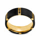 9 mm black titanium ring with a gold plated interior with triple black diamond settings on 6 gold plates