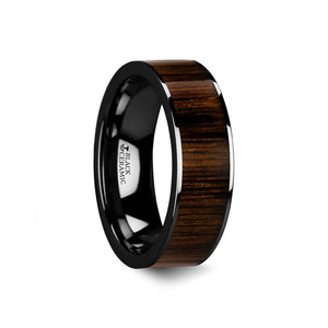 6 mm black ceramic polished ring with a black walnut wood inlay