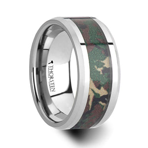 10 mm tungsten wedding ring with a military style jungle camo inlay