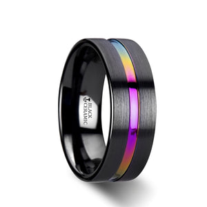 8 mm flat black ceramic men's wedding ring with a rainbow groove inlay