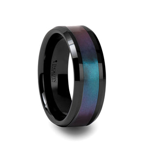 8 mm beveled edged black ceramic ring with a blue and purple inlay