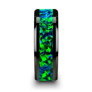6 mm black ceramic wedding band with beveled edges and an emerald green and sapphire blue opal inlay