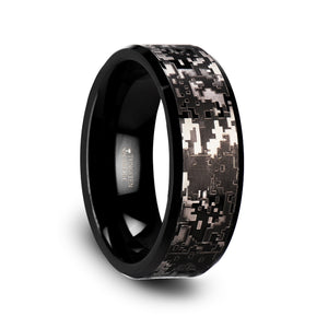 8 mm black tungsten carbide wedding ring with an engraved black digital camo design