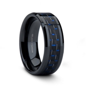 black titanium ring with a blue and black carbon fiber inlay and beveled edges