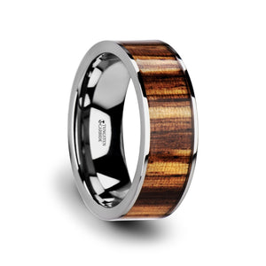 8 mm flat tungsten carbide ring with polished edges and a zebra wood inlay