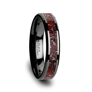 4 mm black ceramic men's ring with a red dinosaur bone inlay and beveled edges