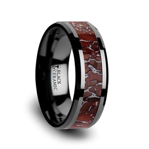 8 mm black ceramic men's ring with a red dinosaur bone inlay and beveled edges